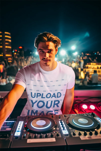 T-Shirt Mockup of a DJ Generated by AI Playing on a Rooftop at Night