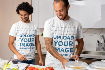 Valentine's Day Mockup Featuring Two Men With T-Shirts Cooking