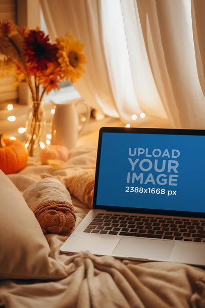 Mockup of a MacBook Pro Placed in a Cozy Setting Decorated with Flowers and Candles