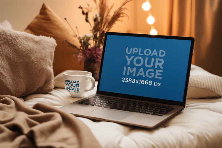 Digital Mockup of an AI-Generated MacBook and a Coffee Mug Placed on Winter Setting