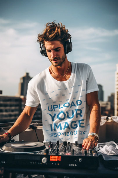AI-Generated T-Shirt Mockup of a DJ Playing on a Rooftop