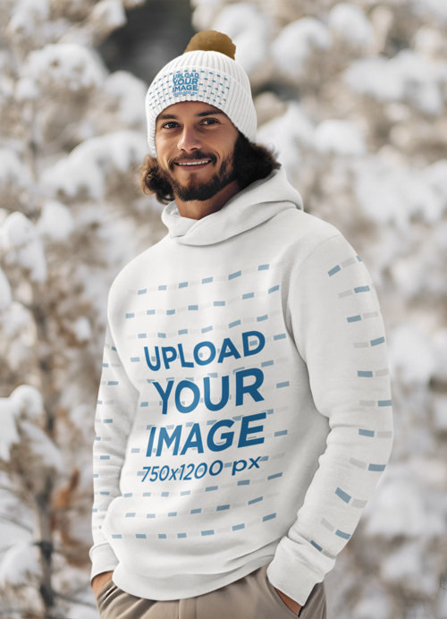 AI-Generated Hoodie and Beanie Mockup of a Bearded Man in a Snowy Natural Landscape