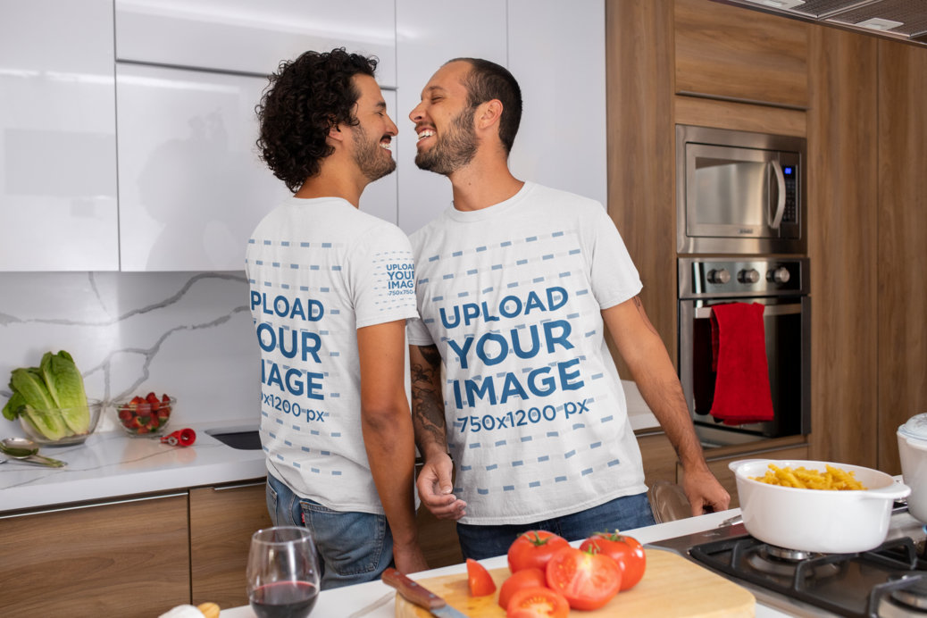 Round-Neck T-Shirt Mockup of a Couple of Men Cooking in the Kitchen