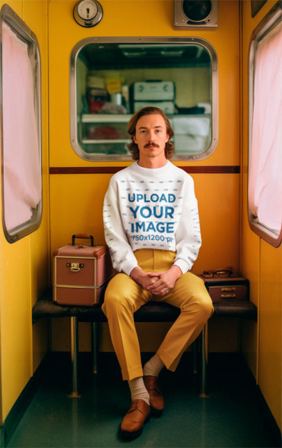 Sweatshirt Mockup of an AI-Generated Man Inspired by a Wes Anderson Film