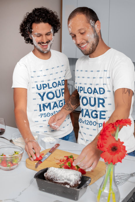 T-Shirt Mockup of Two Cheerful Men Baking a Dessert for Valentine's Day