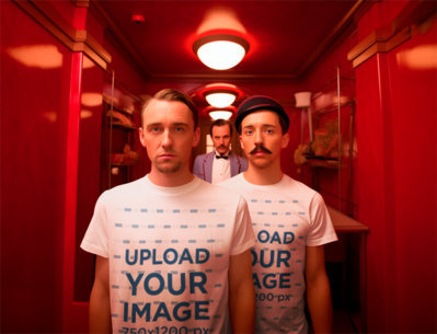 T-Shirt Mockup Inspired by a Wes Anderson Film Featuring Two Men Waiting in an Elevator