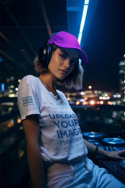 AI-Created Mockup of a Female DJ Wearing a Round-Neck T-Shirt with a Customizable Sleeve