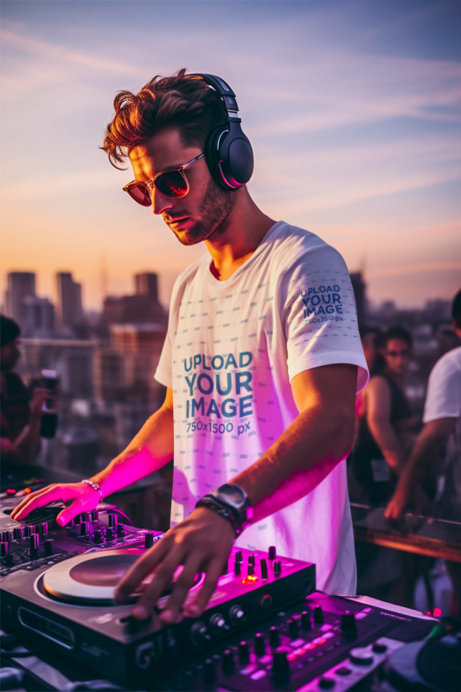 Placeit - AI-Generated Round-Neck Tee Mockup of a DJ Playing on a Roof Top