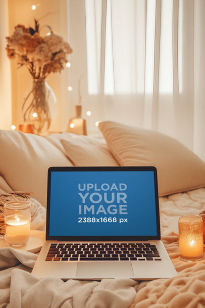 MacBook Pro Mockup Featuring a Cozy Setting with Candles and Flowers