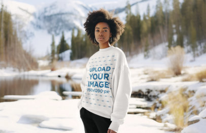 Sweatshirt Mockup of a Woman with an Afro Hairstyle Standing in Front of a Frozen Lake m36255