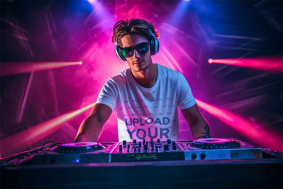 Crewneck T-Shirt Mockup Featuring a DJ Wearing Sunglasses and Headphones