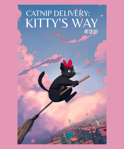T-Shirt Design Creator Featuring a Cat on a Flying Broom Inspired by Kiki's Delivery Service 6694a