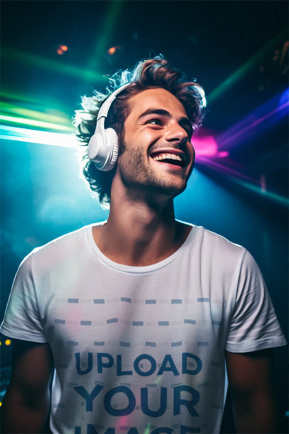 AI-Generated T-Shirt Mockup of a Smiling DJ Playing in a Nightclub