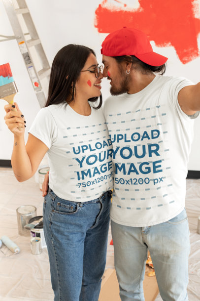 T-Shirt Mockup of a Happy Couple Painting a House