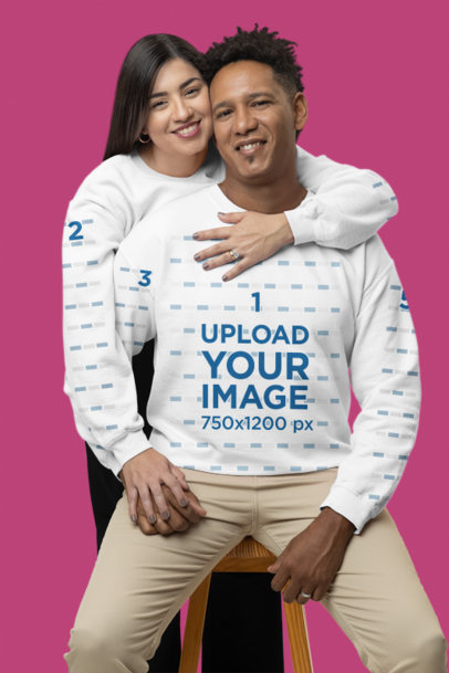 Gildan Sweatshirt Mockup Featuring an Adorable Couple Hugging in a Studio