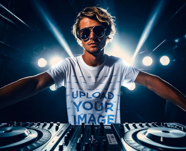 Round-Neck Tee Mockup Featuring a DJ with Sunglasses Playing in a Nightclub