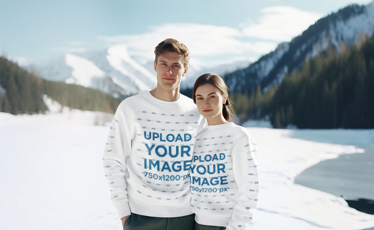 Sweatshirt Mockup Featuring an AI-Generated Couple Posing in Front of a Wooden Cabin