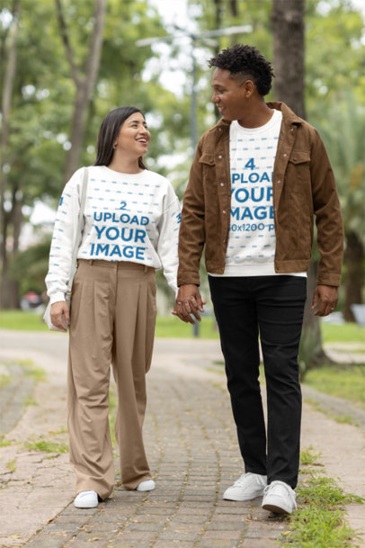 Gildan Sweatshirt Mockup of a Cute Couple Walking Together in a Park