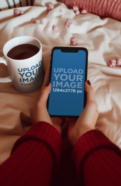 AI-Generated Mockup of a Woman With an iPhone 13 and a Coffee Mug in a Winter Setting