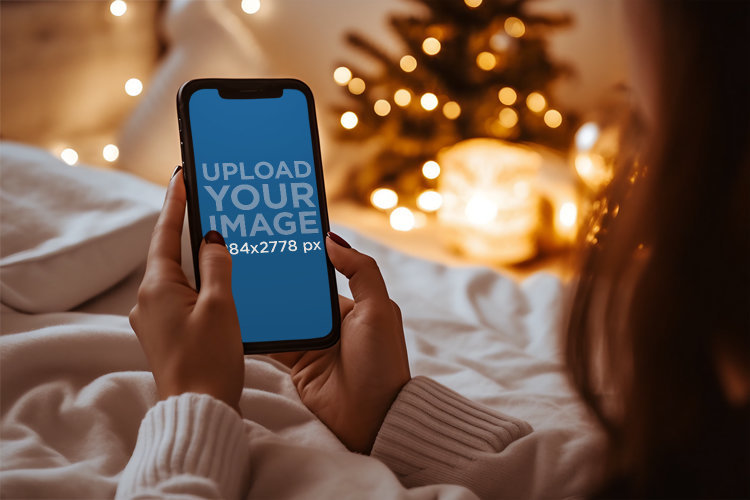 Mockup Featuring a Woman Holding an iPhone in Front of a Christmas Tree