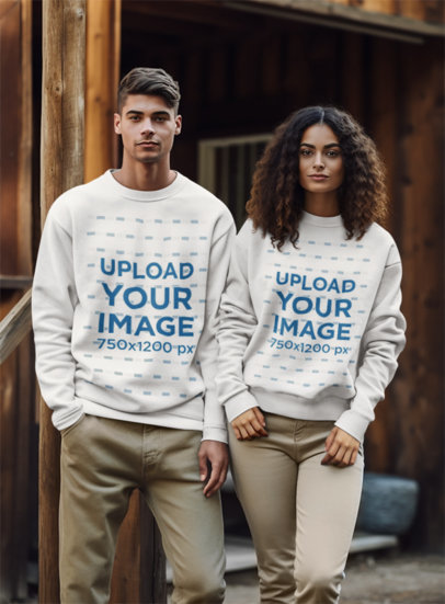 AI-Created Sweatshirt Mockup of a Couple Posing in a Snowy Natural Landscape 
