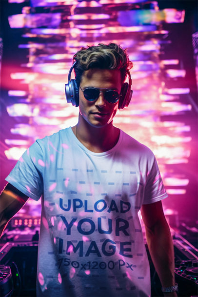 Crewneck Tee Mockup Featuring an AI-Created DJ with Sunglasses at a Nightclub