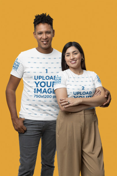 Bella Canvas T-Shirt Mockup Featuring a Man and a Woman Posing in a Studio