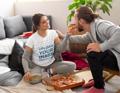 T-Shirt Mockup Featuring a Smiling Woman Giving Pizza to Her Partner m1094