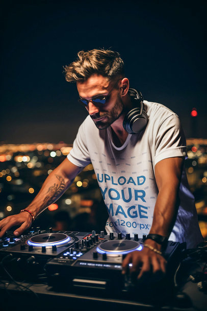 Crewneck Tee Mockup of a Tattooed DJ Playing on a Rooftop at Night