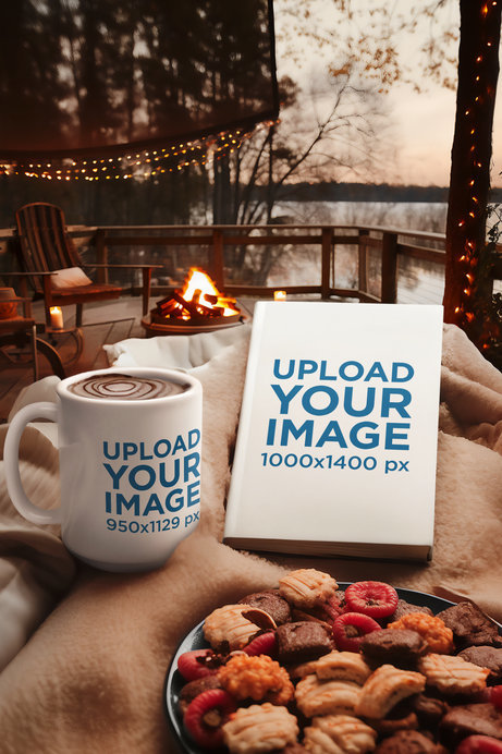 Winter-Themed Mockup of an AI-Generated Book With a Coffee Mug Placed in a Cabin
