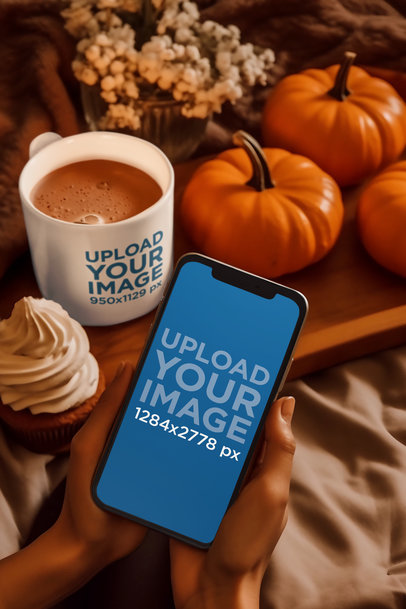 AI-Generated Mockup of a Woman With an iPhone and a Coffee Mug Featuring a Fall Setting