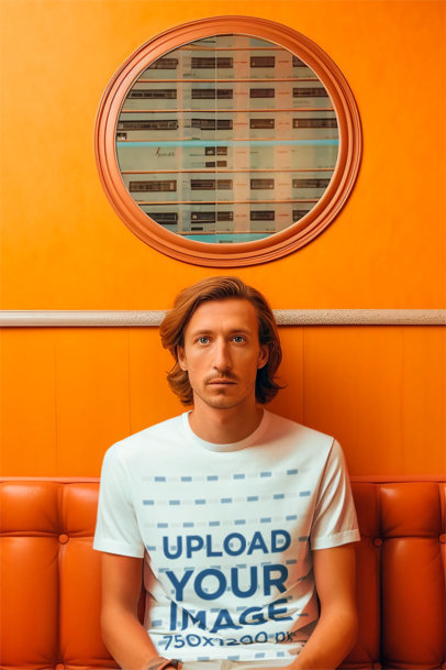 Wes Anderson-Inspired T-Shirt Mockup of a Man Sitting on a Leather Couch