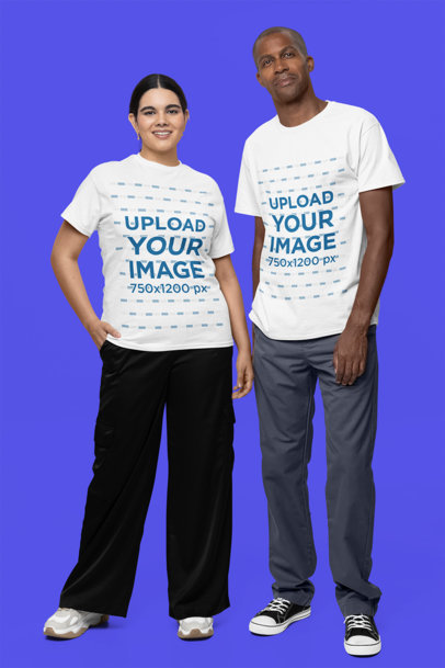 Gildan T-Shirt Mockup of a Man and a Woman Standing in a Studio