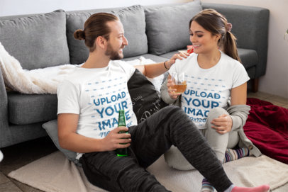 Crewneck Tee Mockup Featuring a Happy Couple Having a Date at Home m1092