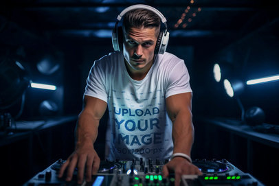 T-Shirt Mockup of an AI-Generated Man Wearing Headphones in a Club