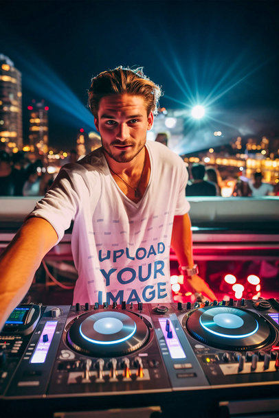 Mockup of a DJ Wearing a V-Neck T-Shirt with Rolled-Up Long Sleeves on a Rooftop Bar