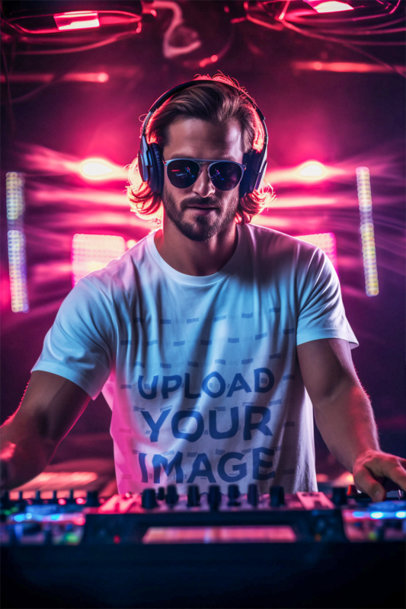 Crewneck Tee Mockup Featuring a DJ Wearing Headphones and Sunglasses