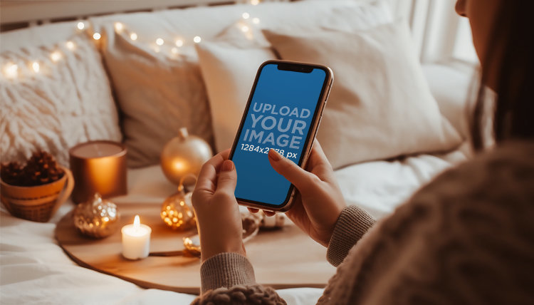 Autumn-Season Mockup of a Woman Holding an iPhone in a Vertical Position