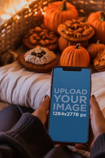 Fall-Themed Mockup of an AI-Generated Woman Holding an iPhone 13