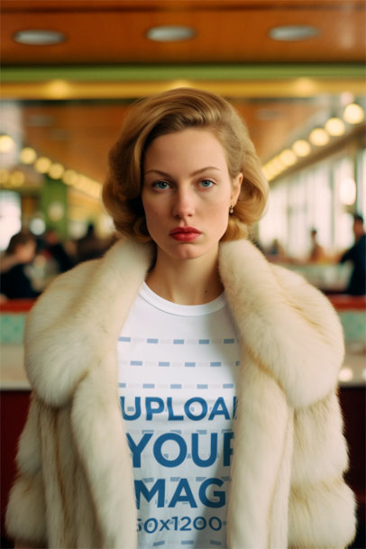 Round-Neck Tee Mockup of an AI-Created Woman Inspired by a Wes Anderson Film