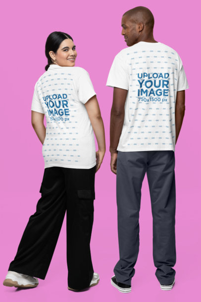 Back-View Gildan Tee Mockup Featuring a Man and a Woman Standing in a Studio