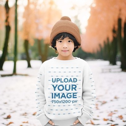 Winterwear Mockup of a Little Boy Wearing a Sweatshirt in a Snowy Landscape