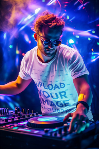 Round-Neck T-Shirt Mockup of a Bearded DJ Man at a Nightclub