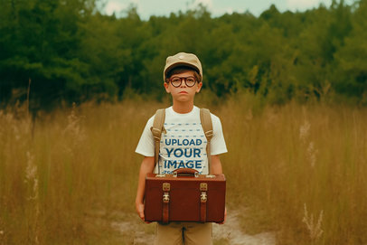 Mockup of a Boy Wearing a T-Shirt in a Field with a Wes Anderson Film-Inspired Aesthetic 