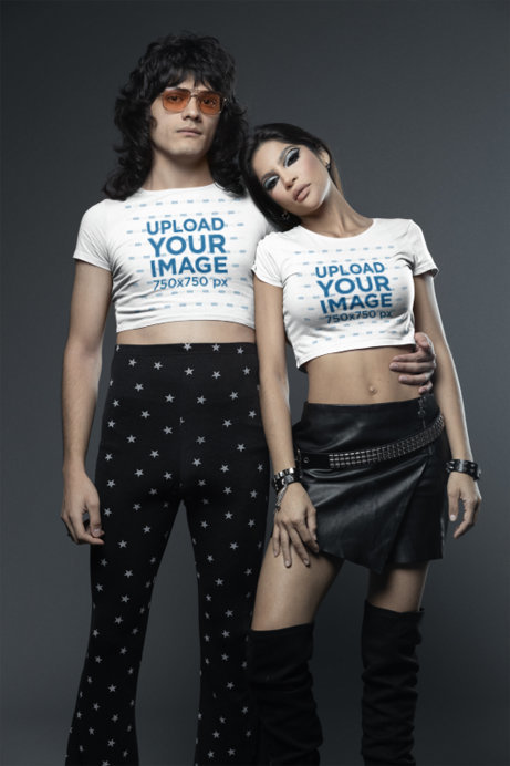 Bella Canvas Crop Top Hoodie Mockup Featuring a Man and a Woman With a Glam Rock Style