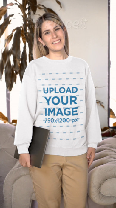 Crewneck Sweatshirt Video of a Cheerful Woman Posing an Office