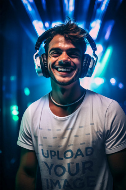 T-Shirt Mockup Featuring an AI-Generated DJ Man Posing With a Cheerful Look in a Club