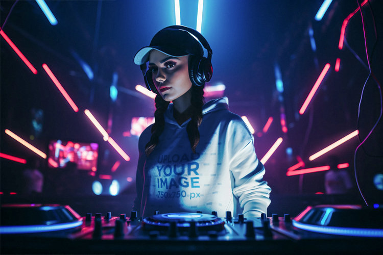 Mockup of an AI-Generated Female DJ Wearing a Pullover Hoodie in a Club with Neon Lights