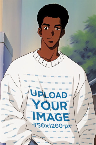 Retro Anime Mockup of an Illustrated Man Wearing an Oversized Sweatshirt with Customizable Sleeves