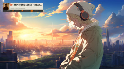 Twitch Screen Maker for a Music Channel Featuring an Illustrated Sunset with an Anime Character